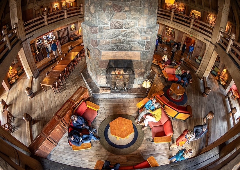 People gathered around the huge stone fireplace in Timberline's main headhouse.