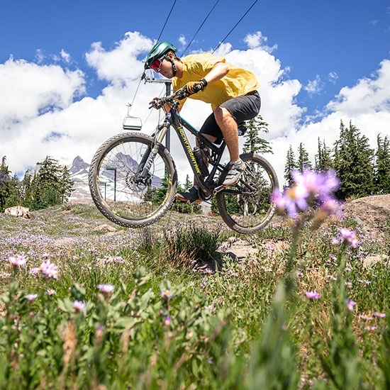 MALE MOUNTAIN BIKER IN YELLOW SHIRT JUMPING AMOUNG THE WILDFLOWERS WITH MT HOOD IN THE BACKGROUND
