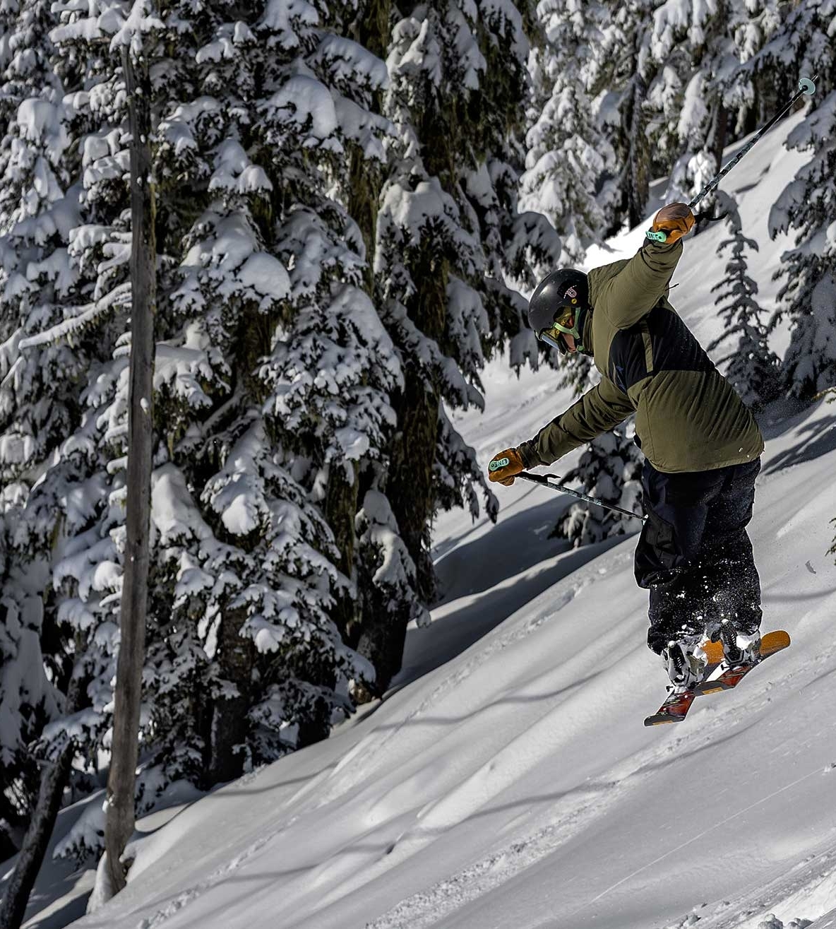 SKIER JUMPING THROUGH THE TREES AT TIMBERLINE