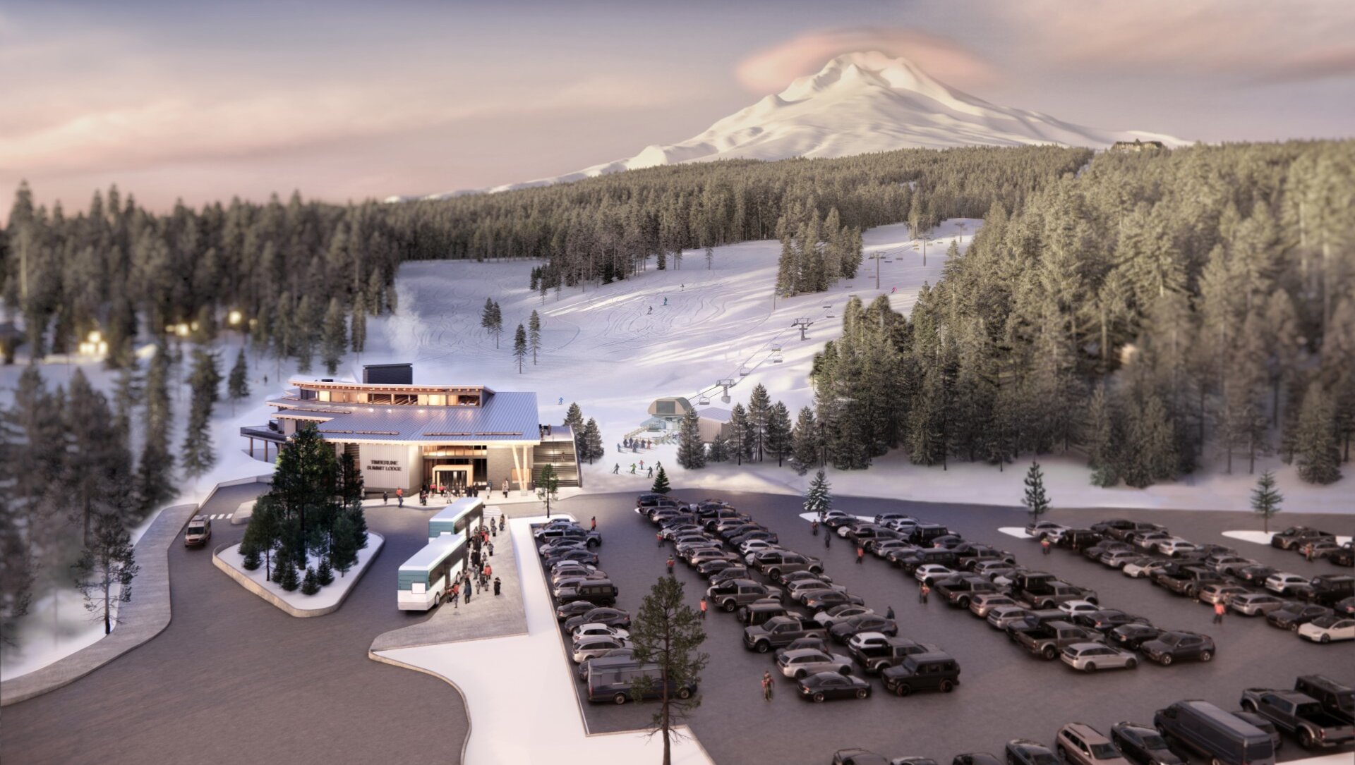 Rendering of Timberline’s Summit Pass Lodge in winter, with skiers on nearby slopes and Mount Hood in the background at sunset.