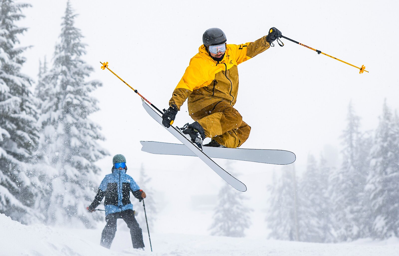 Two skiers on the slopes of Timberline Lodge