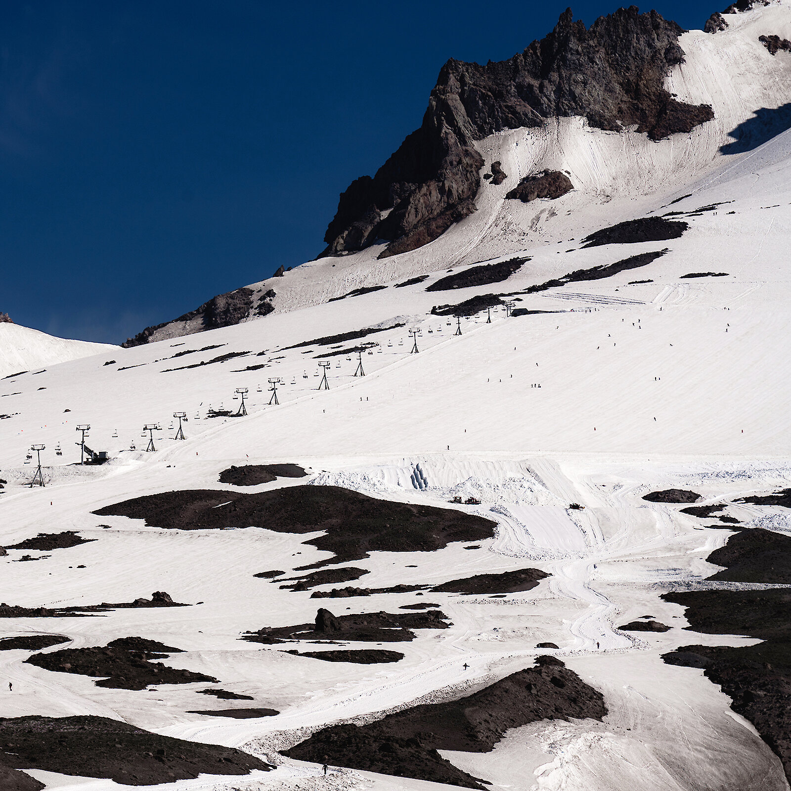View of Palmer Snowfield on Mt. Hood above Timberline Lodge