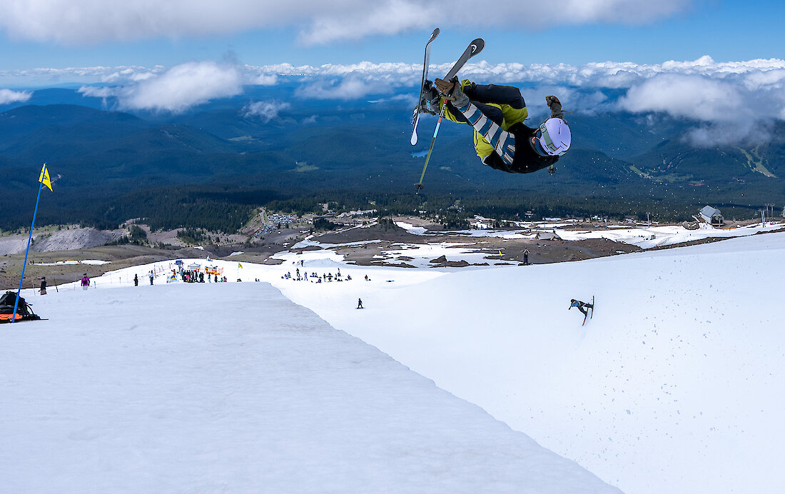 Freestyle skier airs out of the halfpipe at the Timberline Freestyle Training Center on Mount Hood.