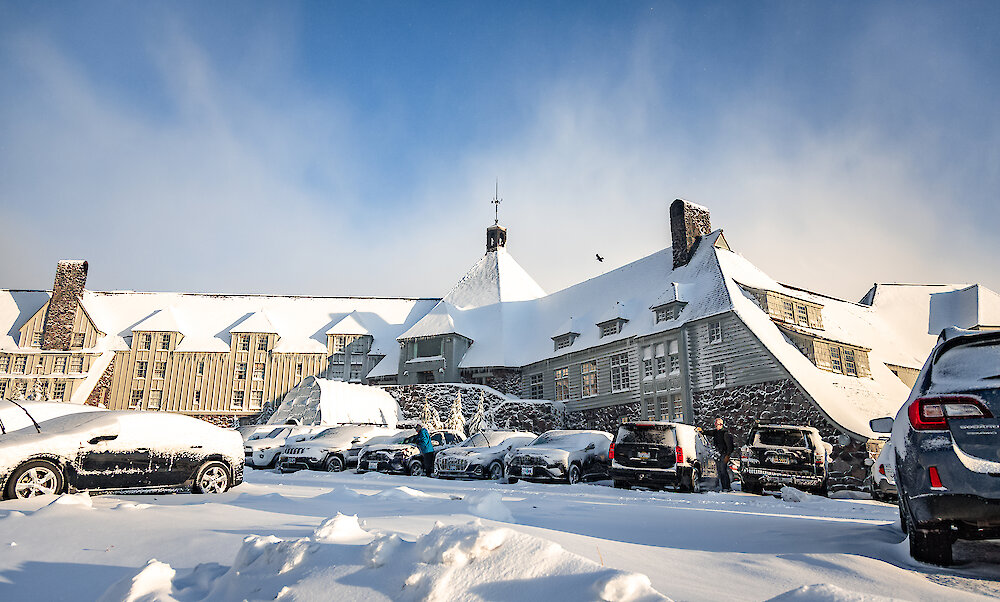 Timberline Lodge covered in snow