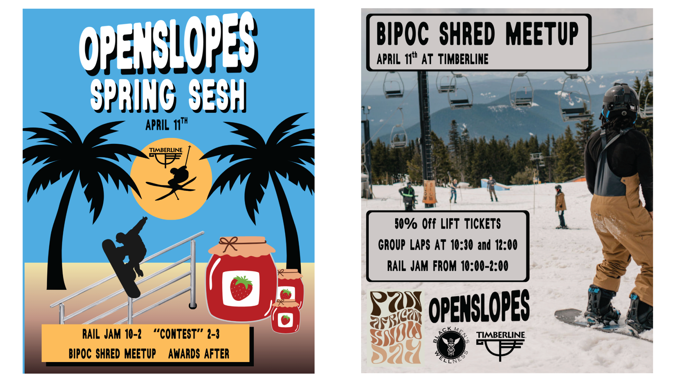 Promotional graphics for OpenSlopes Spring Sesh at Timberline on April 11 featuring rail jam, BIPOC shred meetup, and event schedule details.