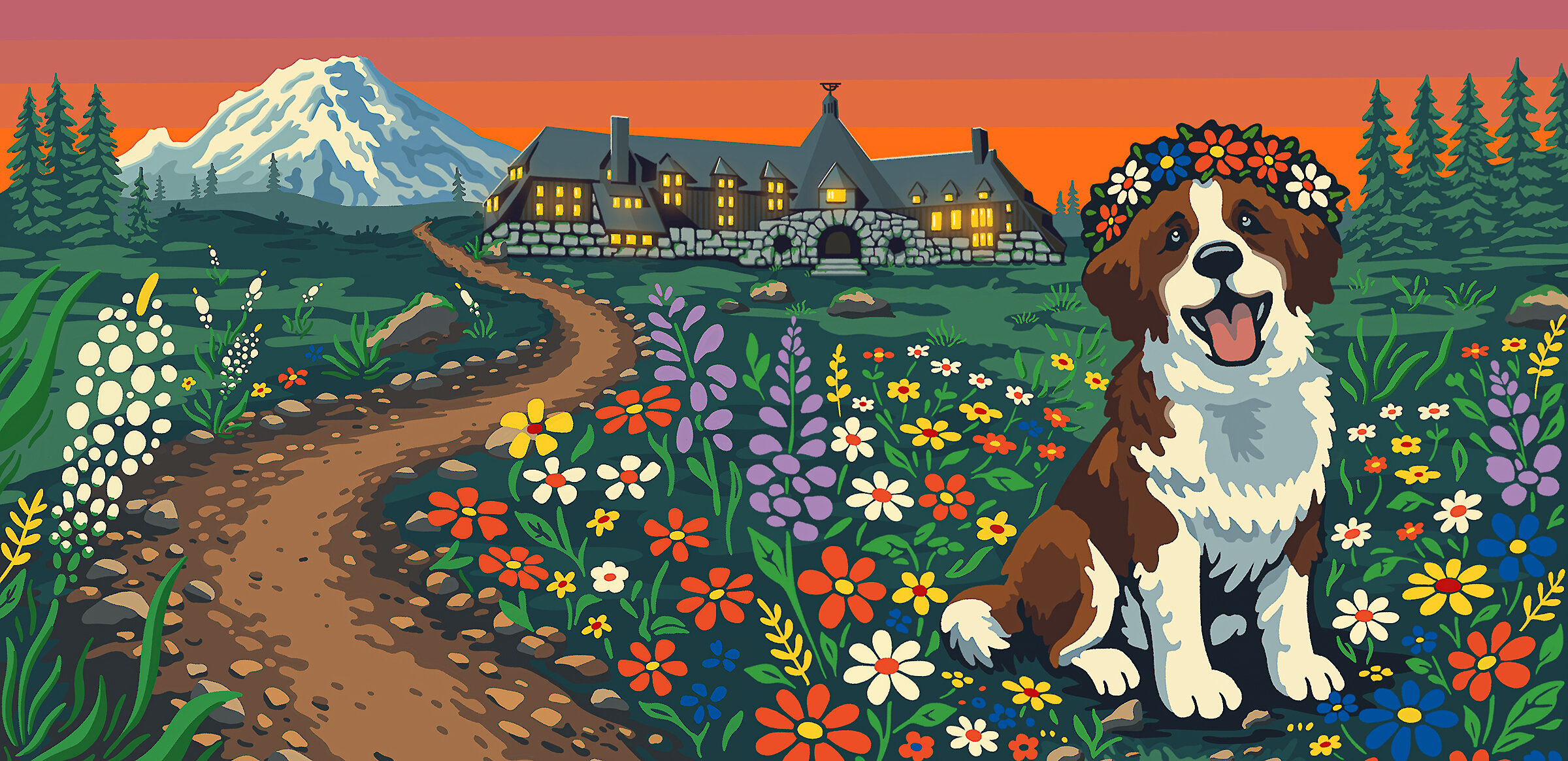 Timberline Daydream illustration featuring Timberline Lodge, Mount Hood, wildflowers, and a Saint Bernard with a flower crown at sunset.