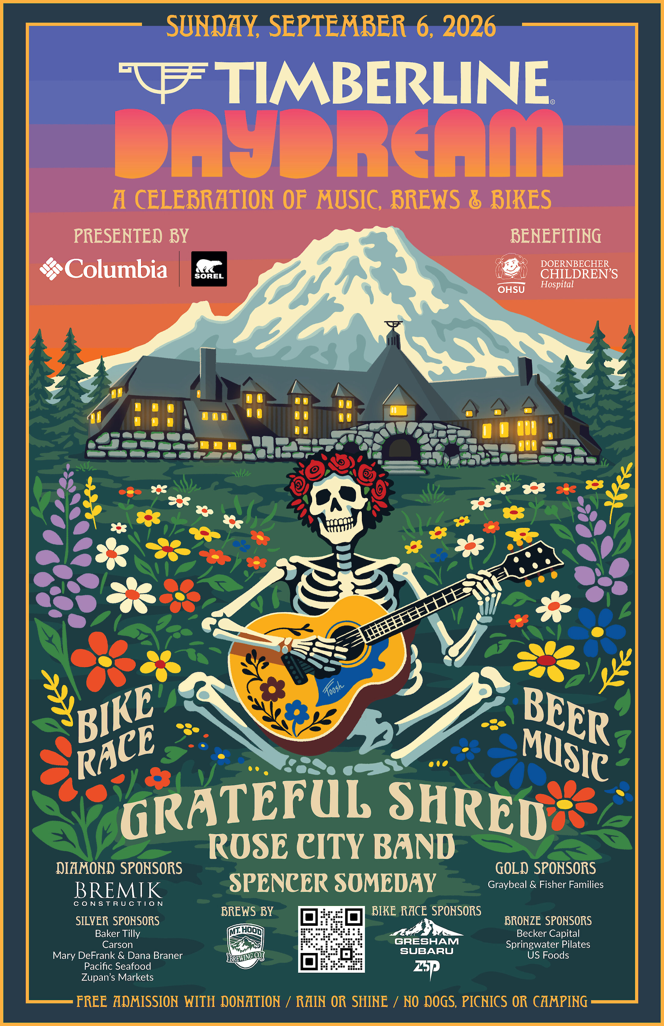 Timberline Daydream 2026 poster with Mount Hood, Timberline Lodge, and skeleton guitarist promoting music, beer, and bike race.