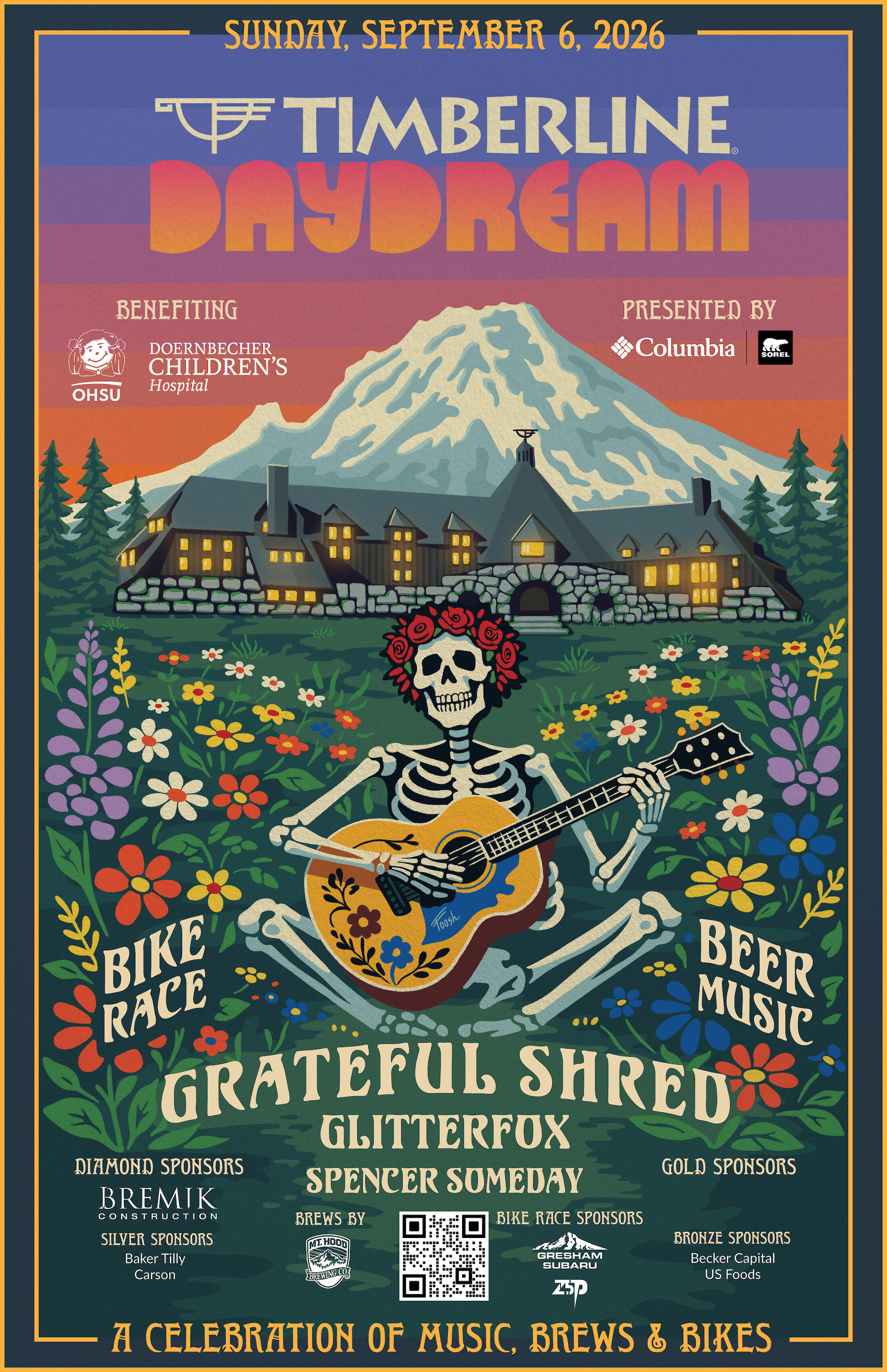 Timberline Daydream 2026 poster with Mount Hood, Timberline Lodge, and skeleton guitarist promoting music, beer, and bike race.