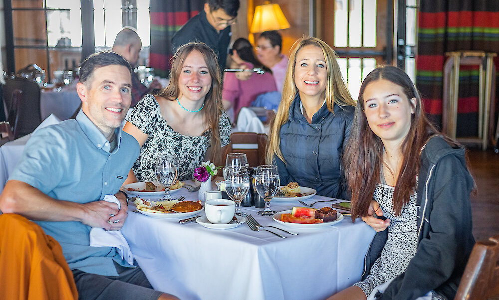 Family of four enjoying Mother's Day Brunch at Timberline's Cascade Dining Room
