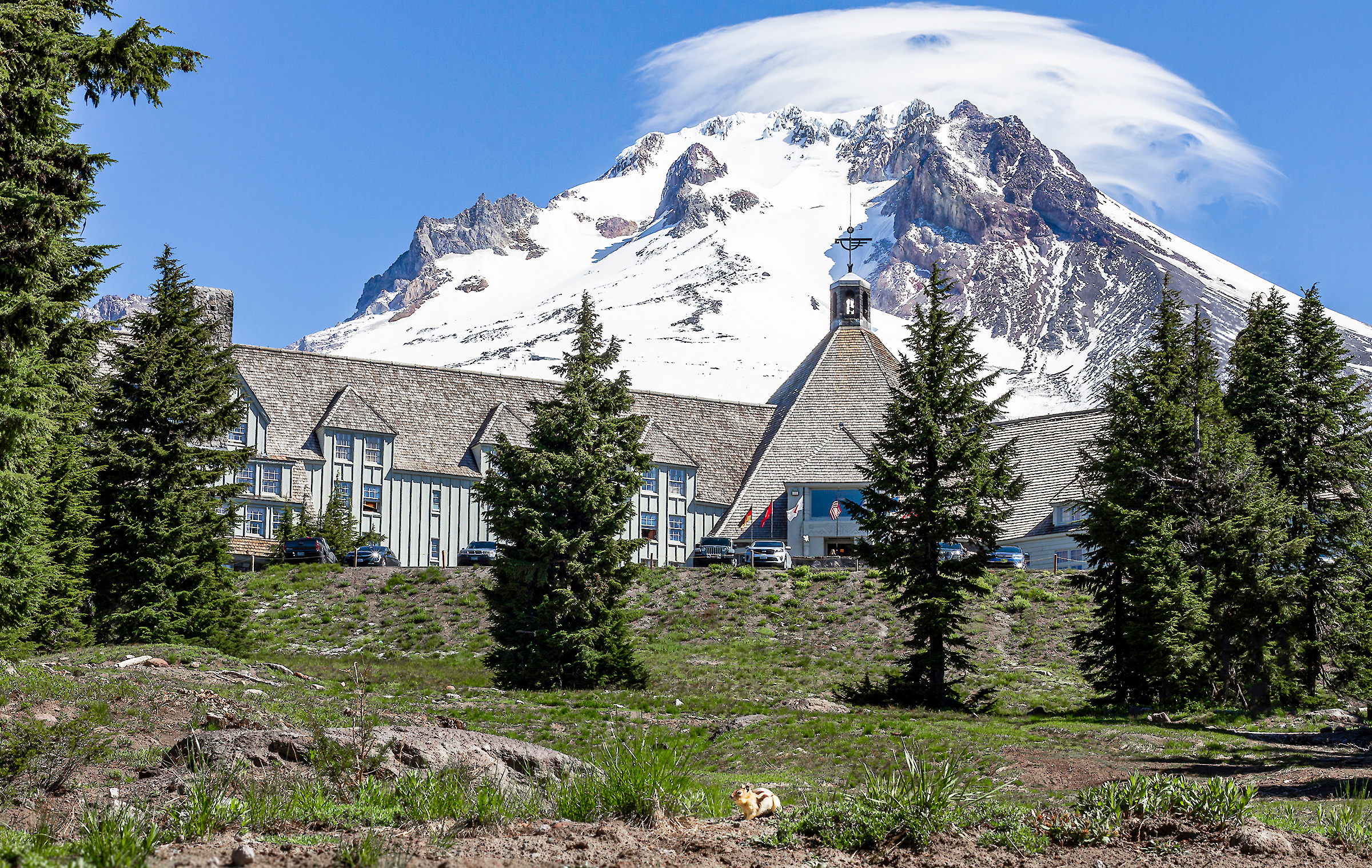 Timberline Lodge pictured in the early summer with green space and fir trees in front and a snowy Mt. Hood behind, capped in a cloud cover surrounded by blue skies.