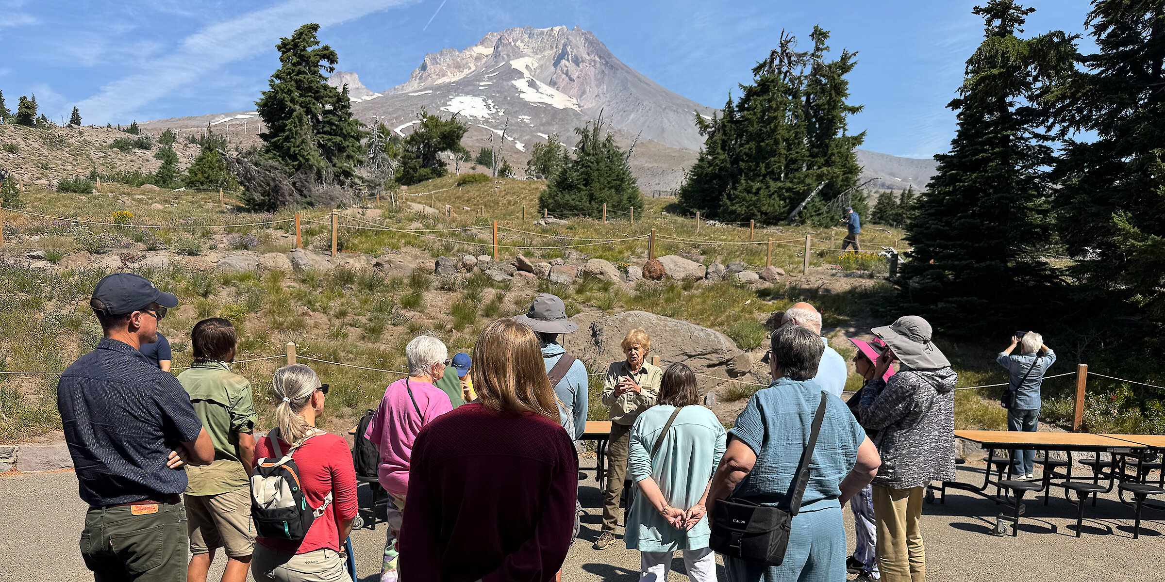 Visitors gather for a guided ranger talk with Mt. Hood and alpine meadows in the background.