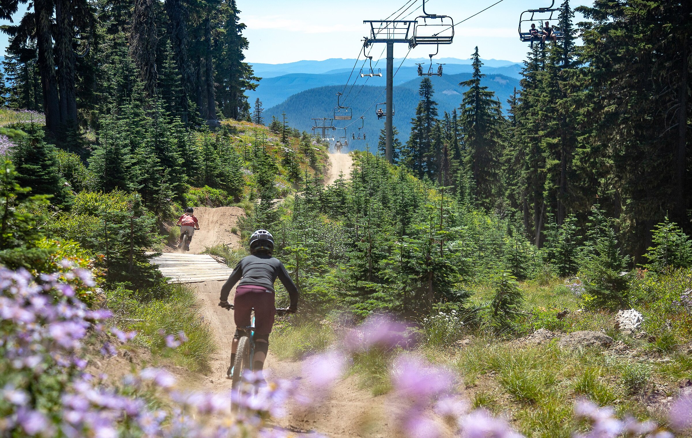 Two mountain bikers on the Timberline Bike Park trails under the lift