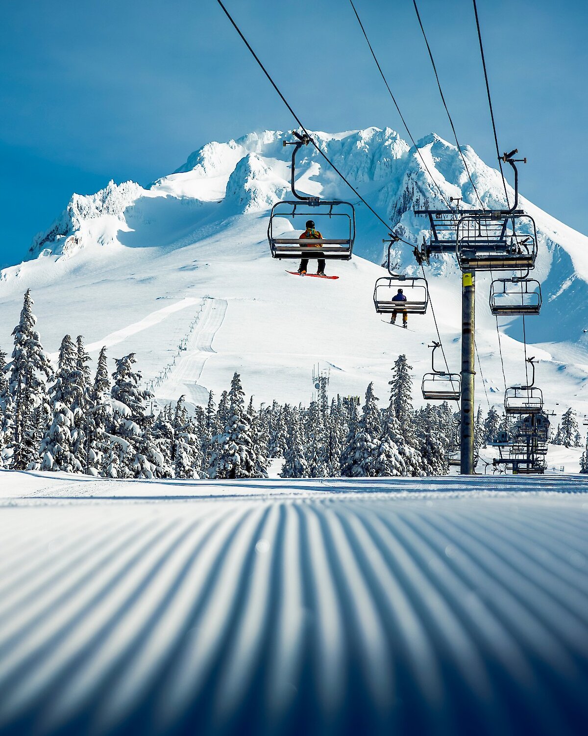 A groomed run under the lift on the slopes of Mt. Hood at Timberline