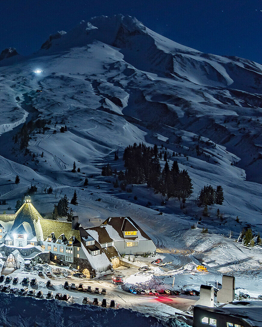 Aerial view of Timberline Lodge at night
