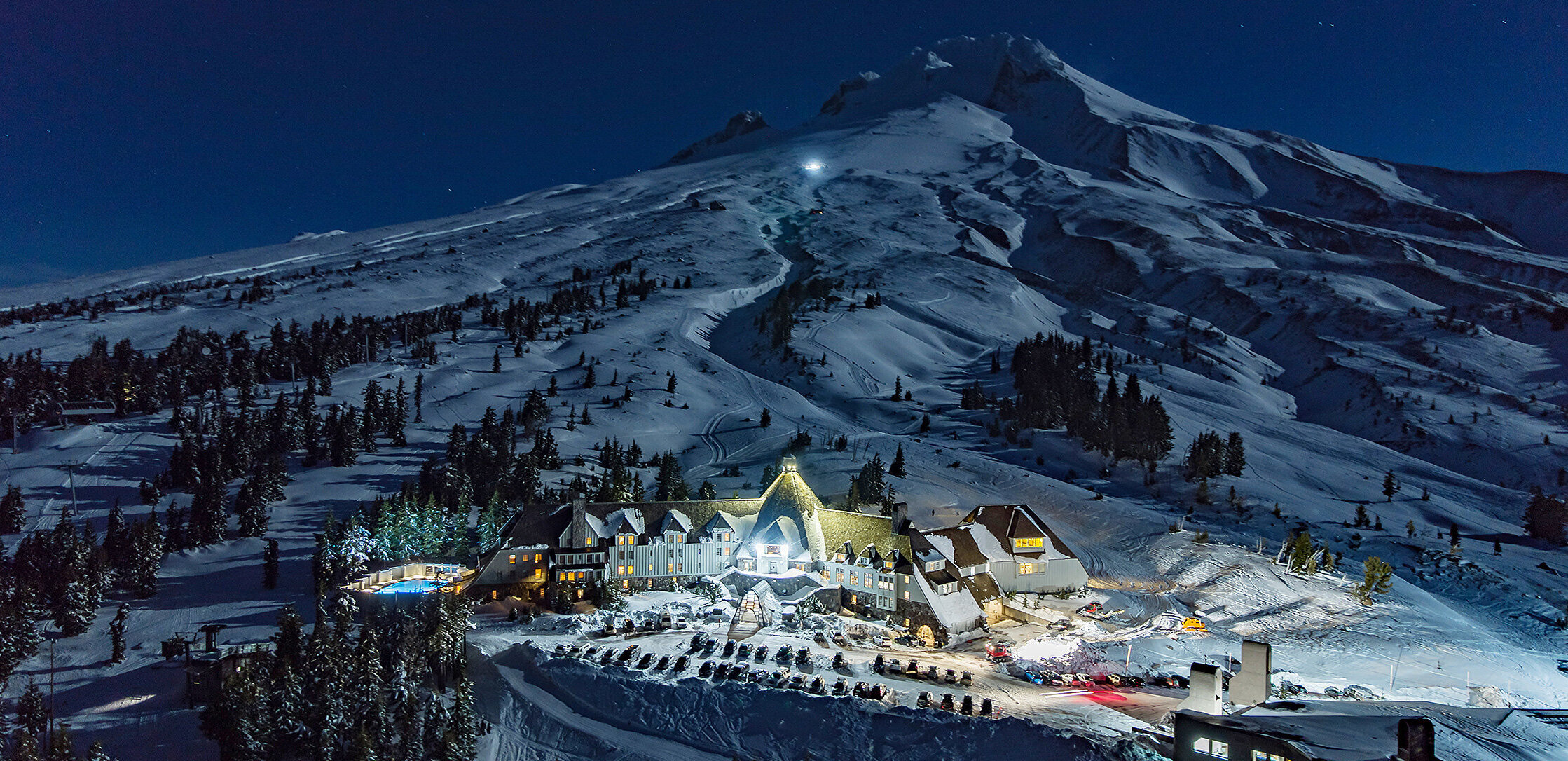 Aerial view of Timberline Lodge at night
