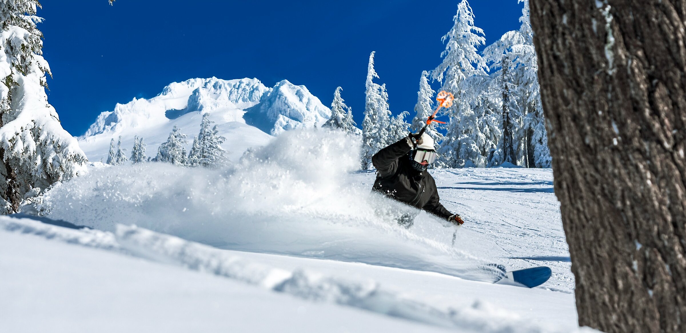 Skier slashing through the snow at Timberline on Mt. Hood