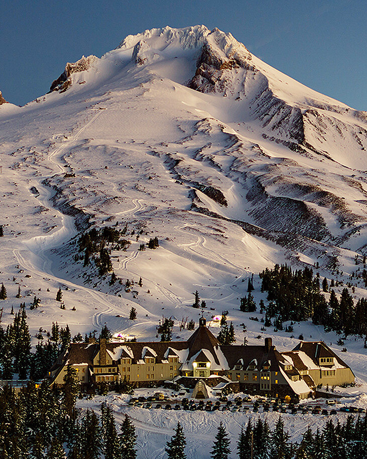 Drone photo of Timberline Lodge and Mt. Hood