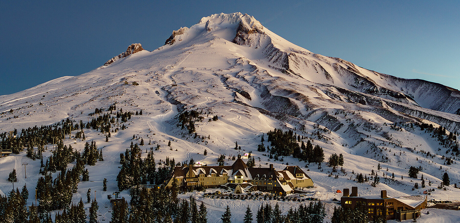 Drone photo of Timberline Lodge and Mt. Hood