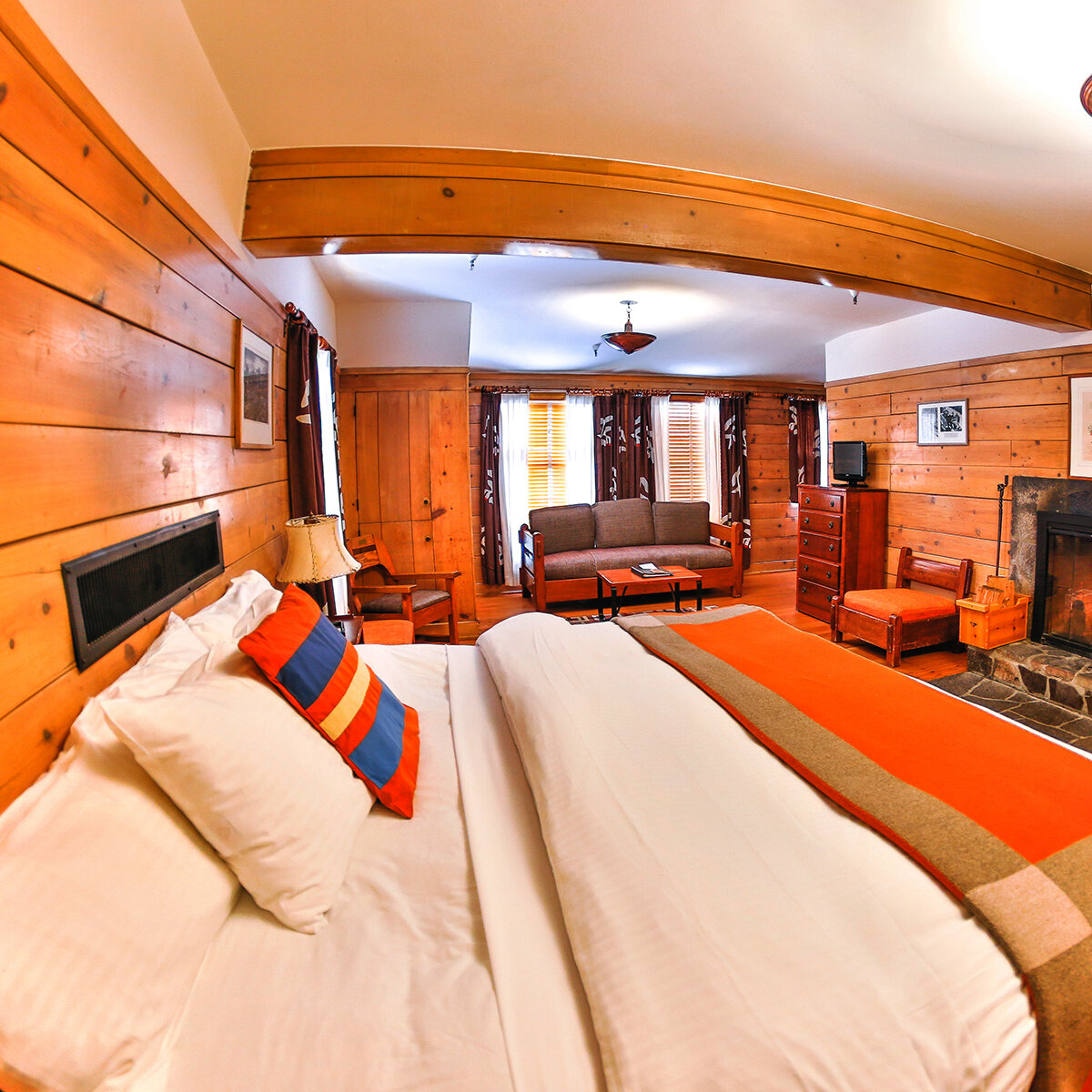 A king fireplace room at Timberline Lodge