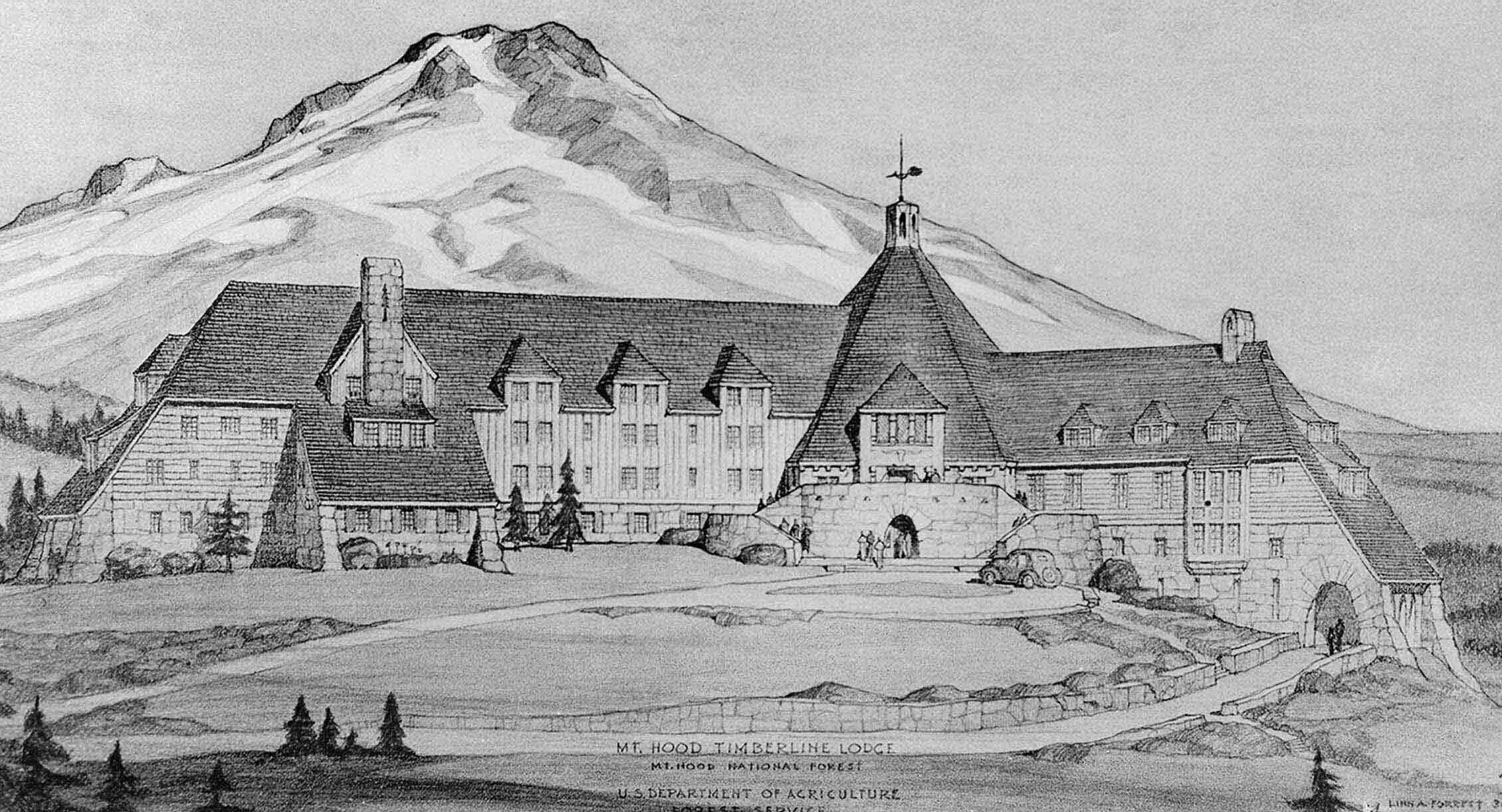 Historic drawing of Timberline Lodge