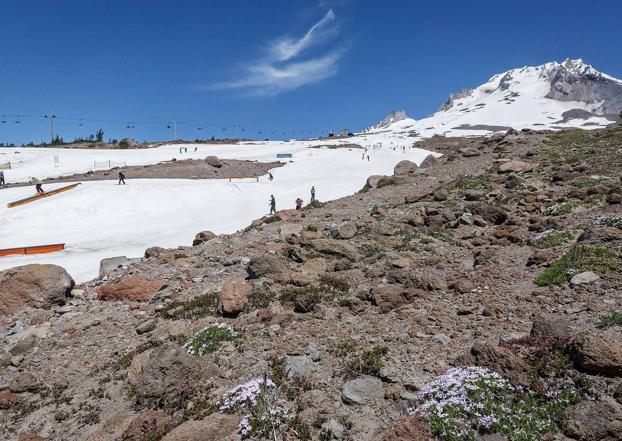 People skiing and snowboarding on Mt. Hood in the summer