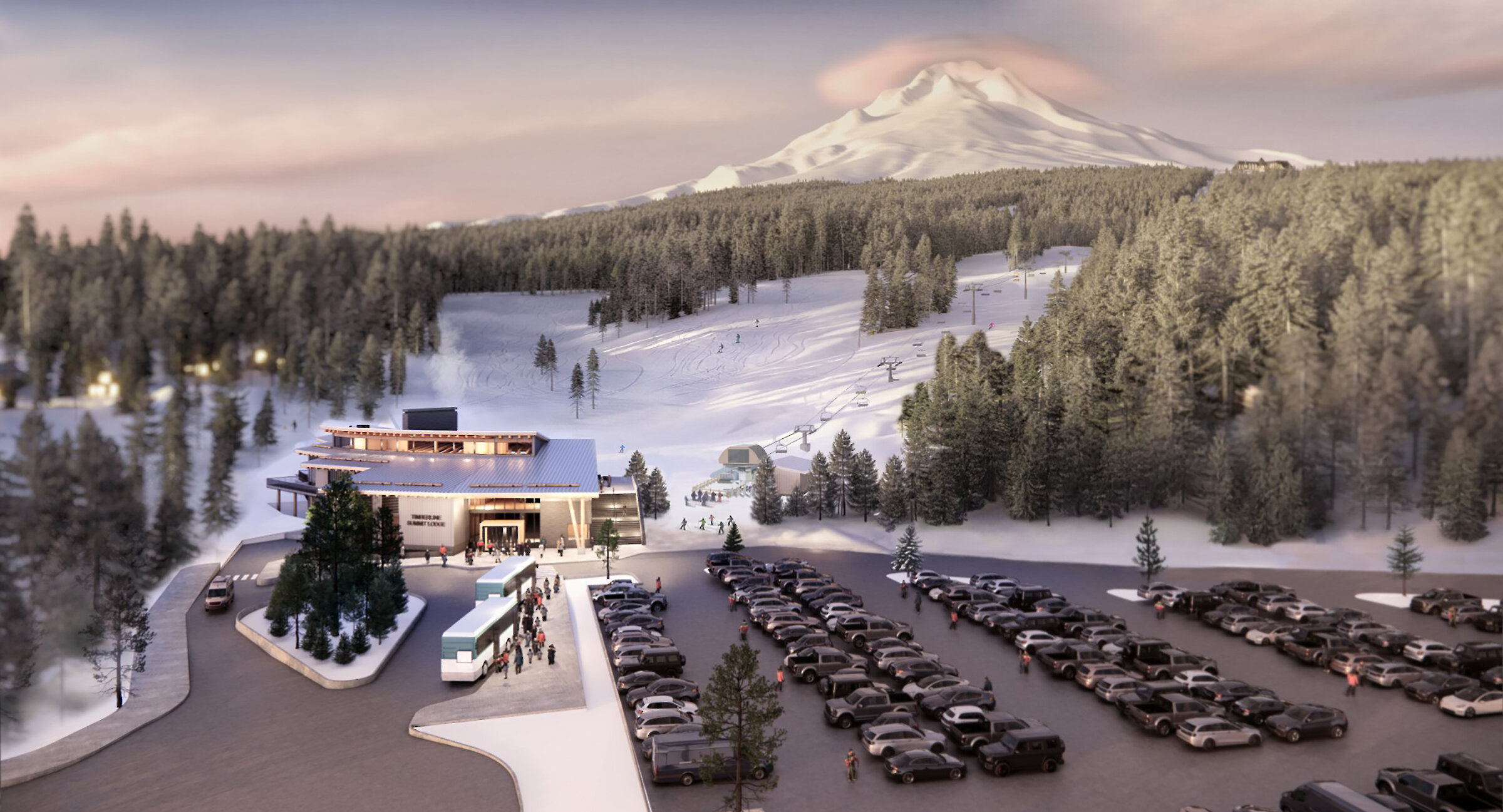 Architectural rendering of the Timberline Summit Pass master plan featuring a modern lodge, parking area with shuttles and cars, ski lifts and groomed runs on a forested mountainside, with Mount Hood rising in the background at sunset.