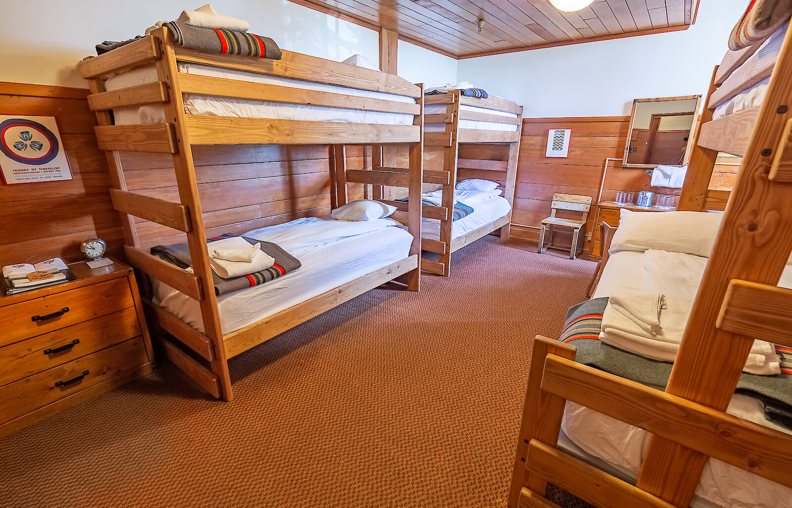 A medium chalet room at Timberline Lodge, featured three bunk beds